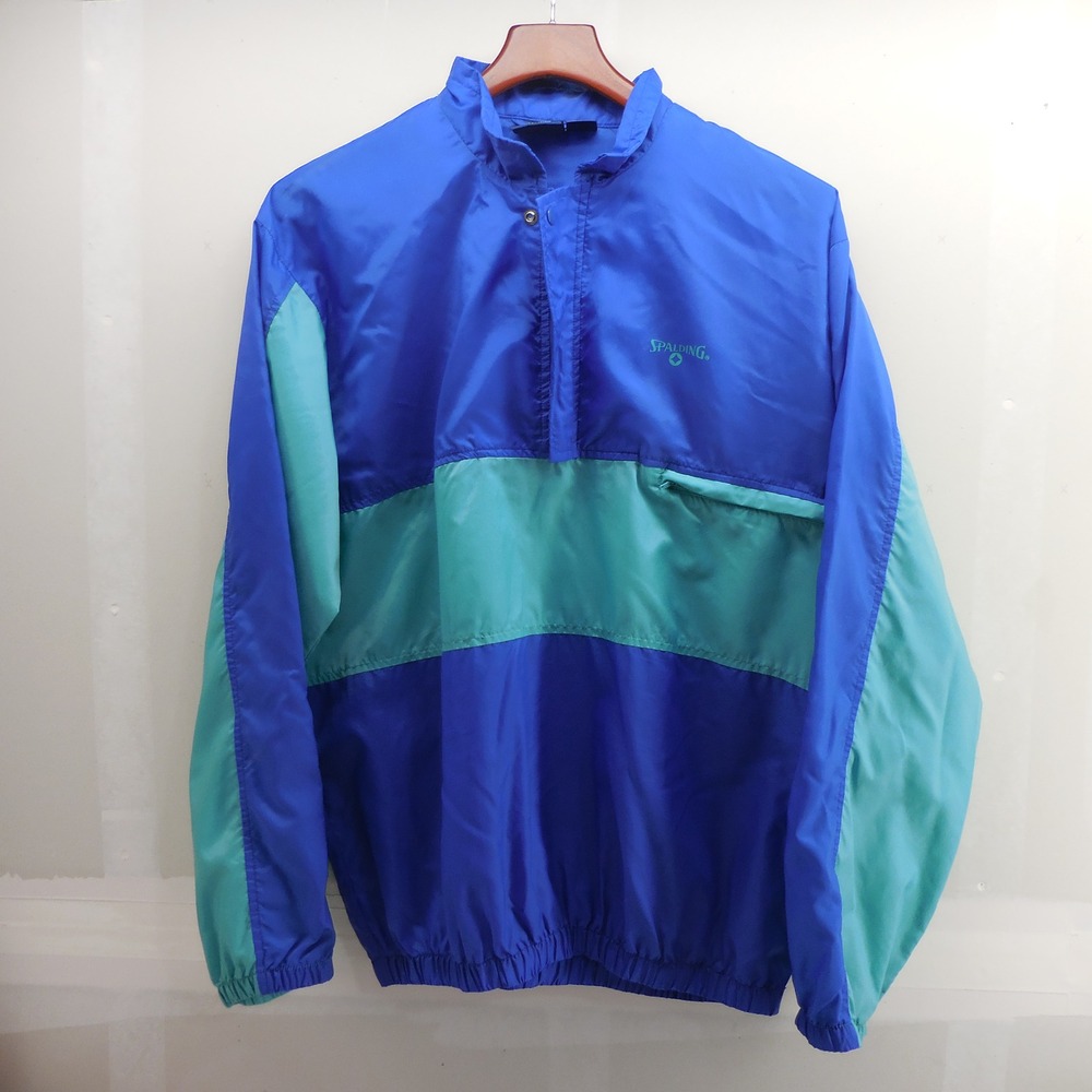 Vintage Spalding Mens Large Blue Teal Colorblock Nylon Windbreaker Pullover